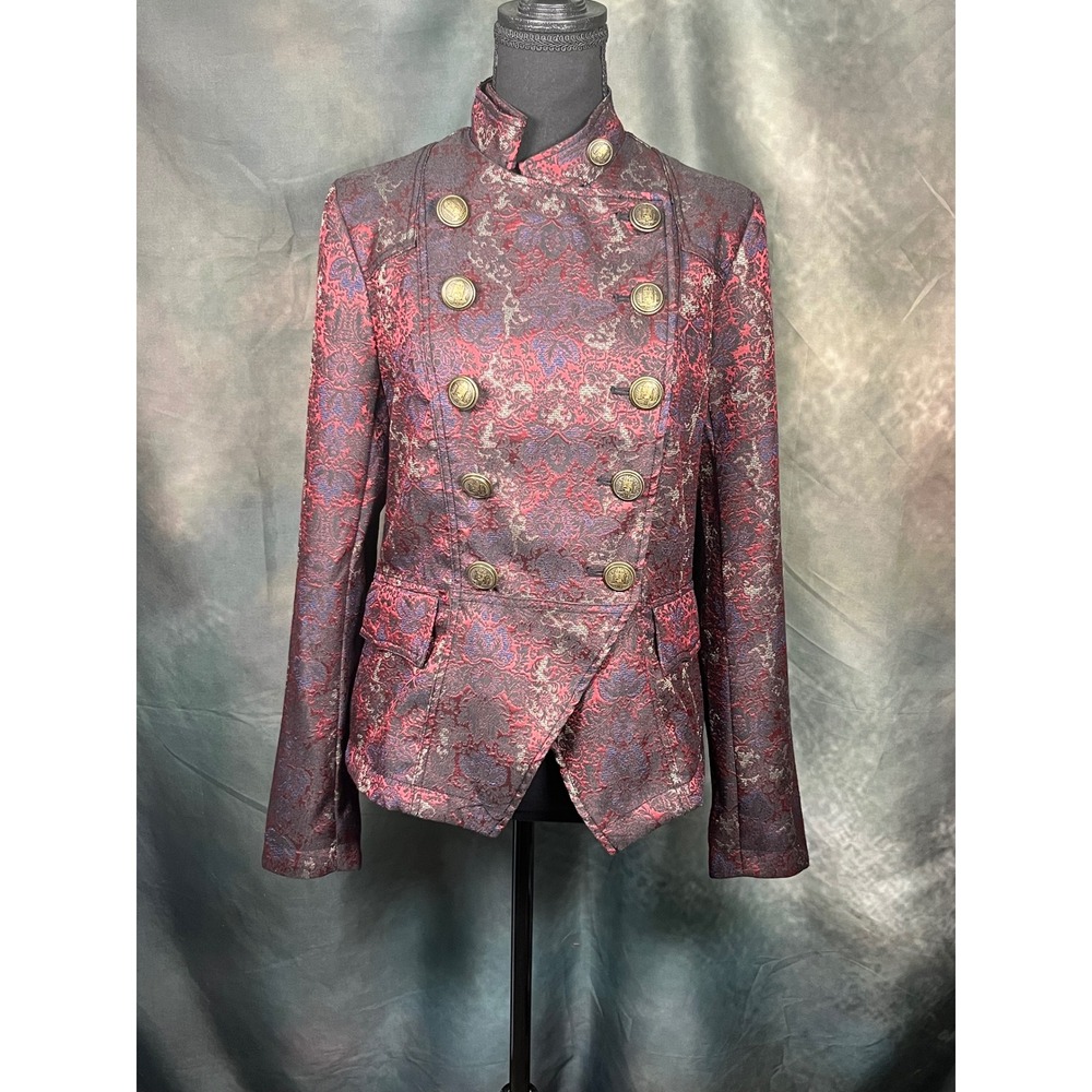 Free People Burgundy Floral Brocade Military Blazer Jacket Metallic Crest Medium - Picture 2 of 11